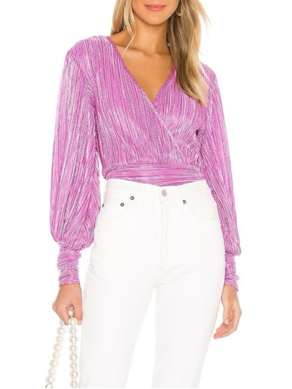 Bardot Trinity Pleat Top Long Sleeve Purple V Neck Blouse